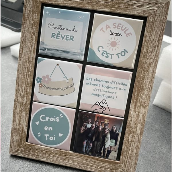 Lot de 6 magnets et cadre bois magnétique 13x18cm